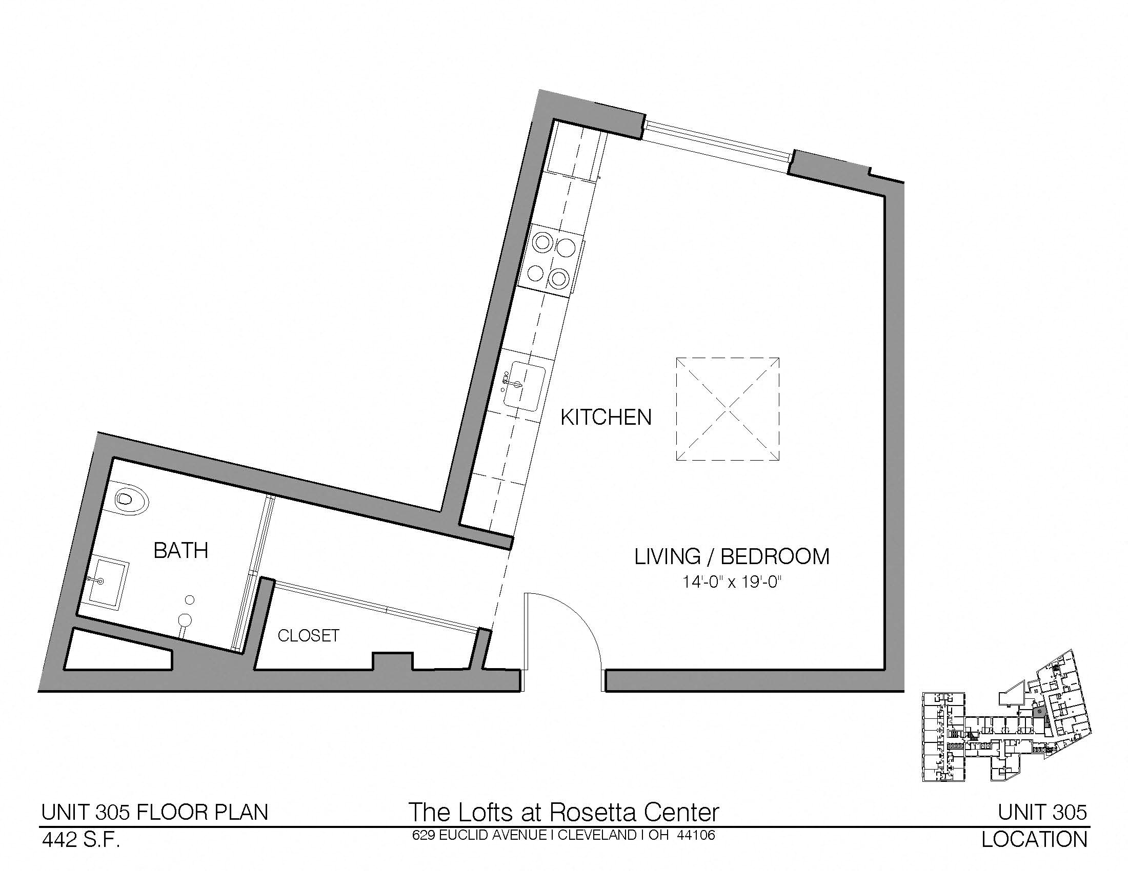 Floor plan for studio, 1 bath, 442 sqft